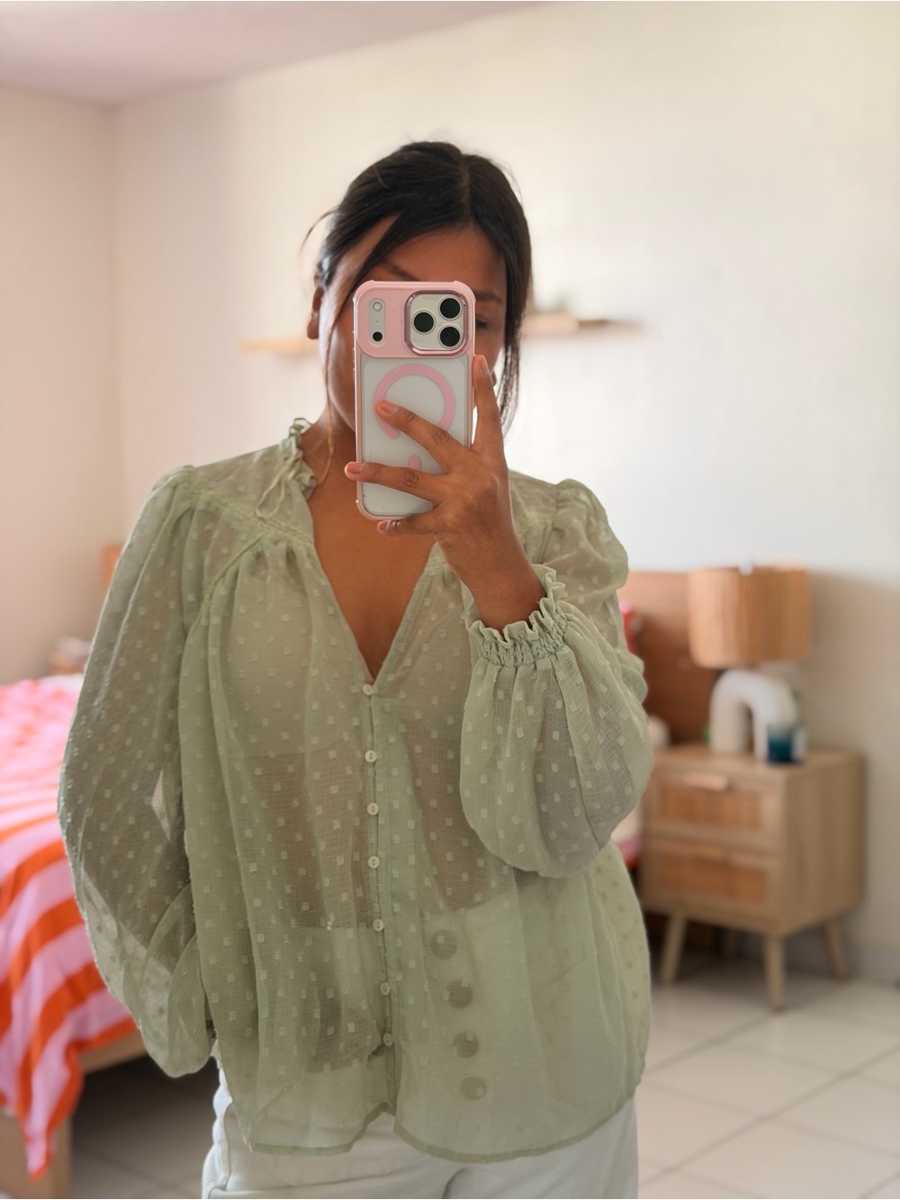 Zara Light Sage Swiss Dot Semi-Sheer Button Blouse